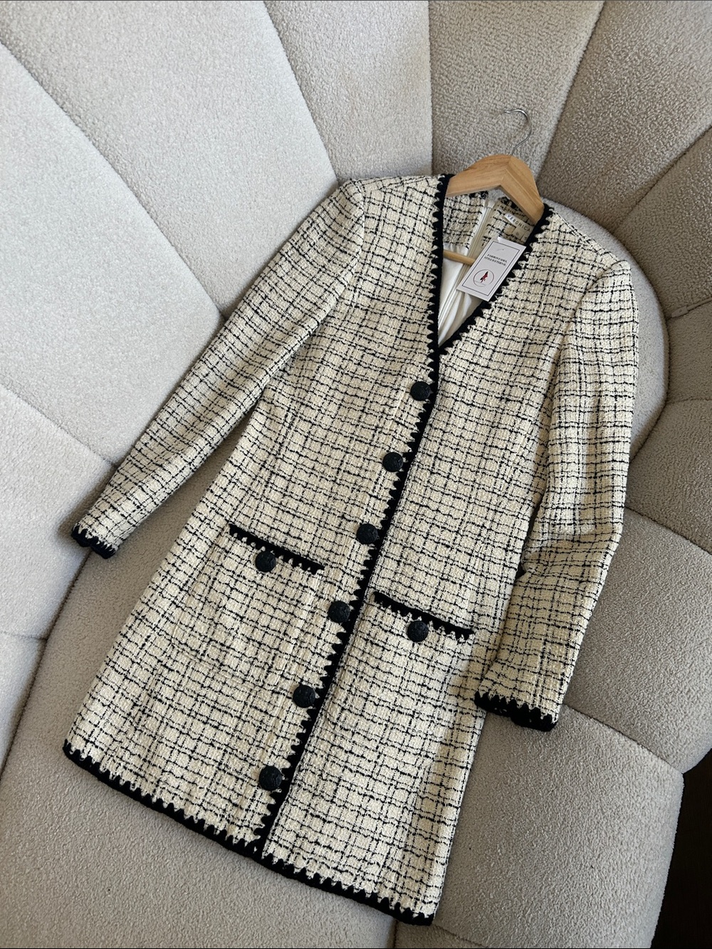 Veronica Beard Cream Tweed Longline Blazer with Black Trim